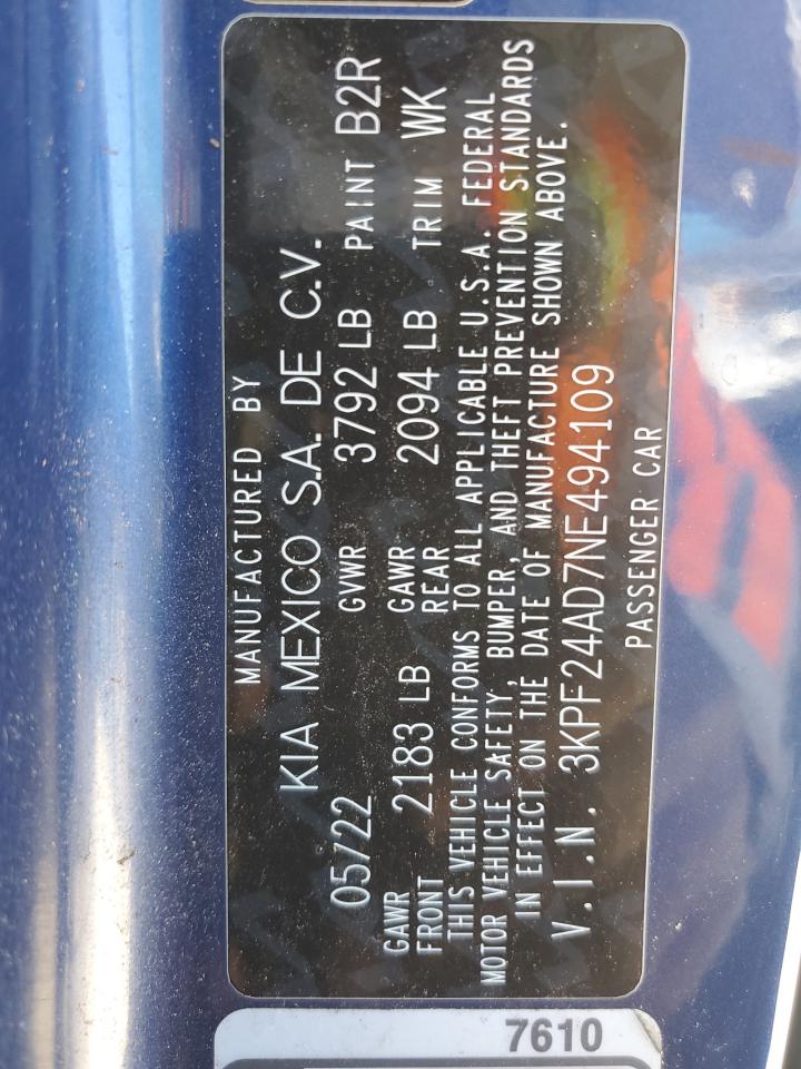 2022 Kia Forte Fe VIN: 3KPF24AD7NE494109 Lot: 80934165