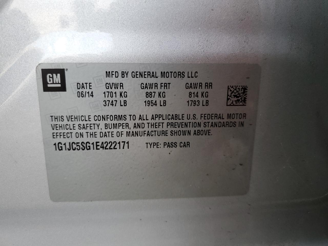 2014 Chevrolet Sonic Lt VIN: 1G1JC5SG1E4222171 Lot: 81649595