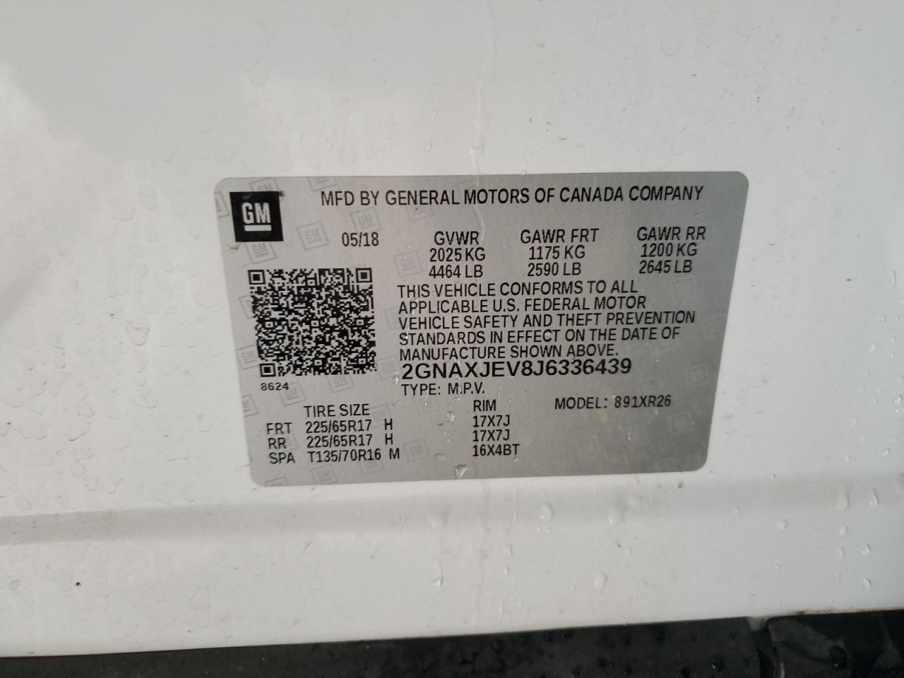 2018 Chevrolet Equinox Lt VIN: 2GNAXJEV8J6336439 Lot: 80876225