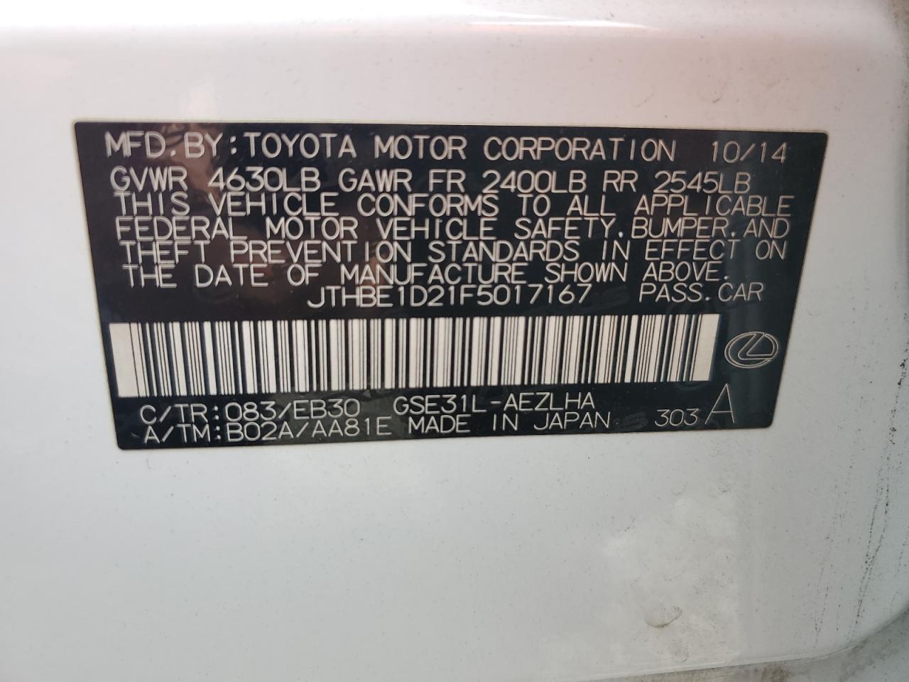 2015 Lexus Is 350 VIN: JTHBE1D21F5017167 Lot: 80289015