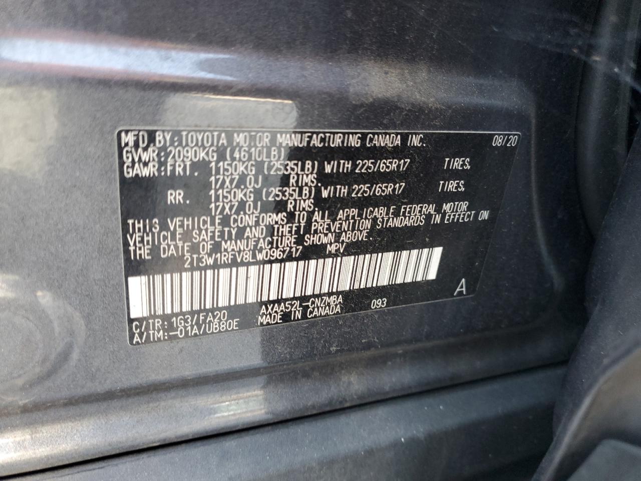 2020 Toyota Rav4 Xle VIN: 2T3W1RFV8LW096717 Lot: 80464665