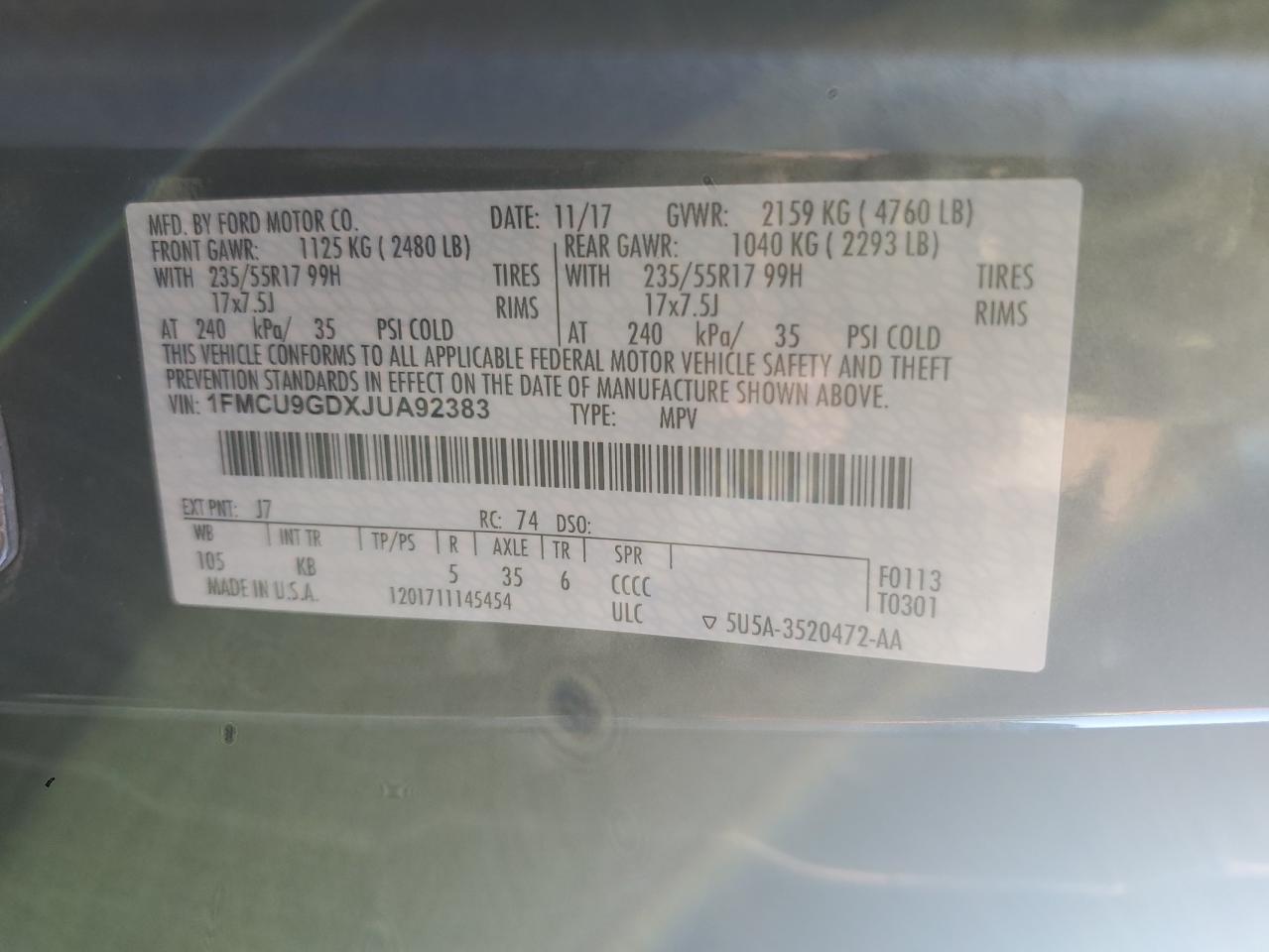 2018 Ford Escape Se VIN: 1FMCU9GDXJUA92383 Lot: 81457675