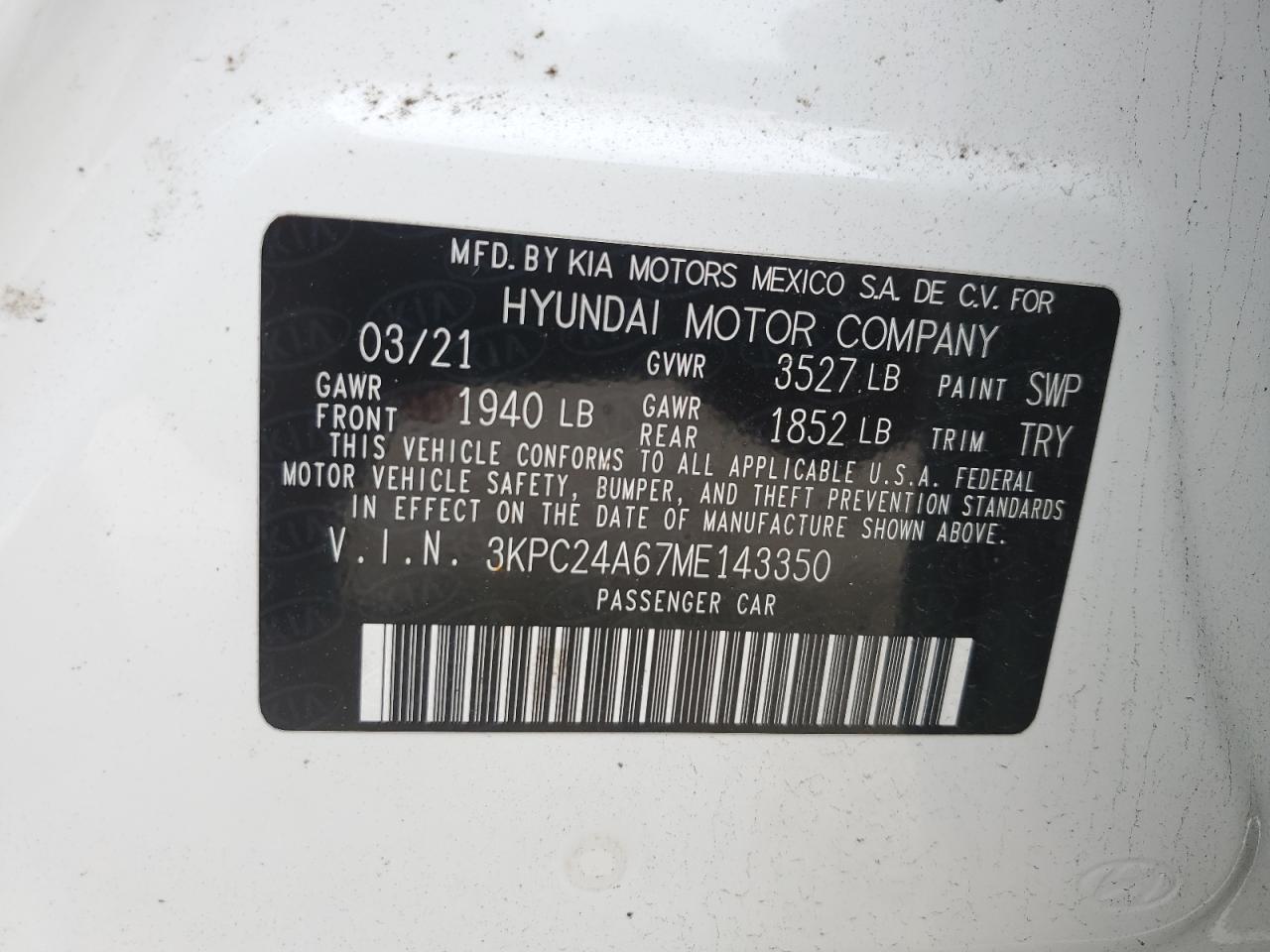 2021 Hyundai Accent Se VIN: 3KPC24A67ME143350 Lot: 84170415