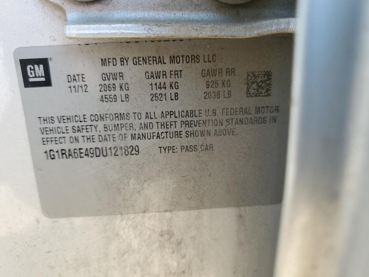 2013 Chevrolet Volt VIN: 1G1RA6E49DU121829 Lot: 80387425