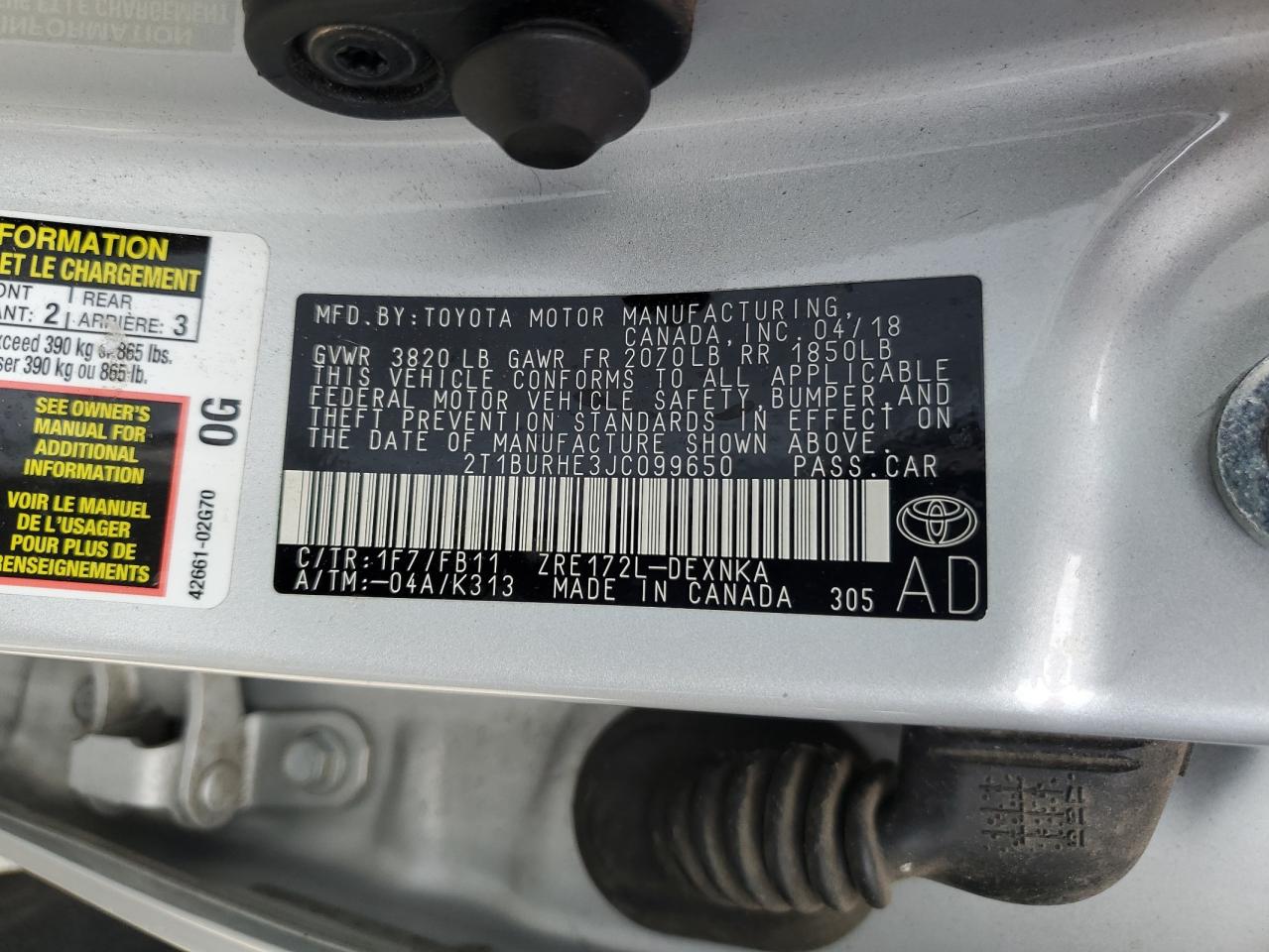 2018 Toyota Corolla L VIN: 2T1BURHE3JC099650 Lot: 80204175