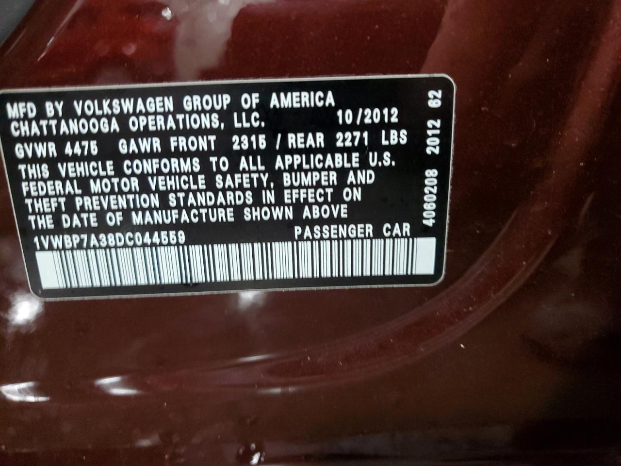 2013 Volkswagen Passat Se VIN: 1VWBP7A38DC044559 Lot: 80842685