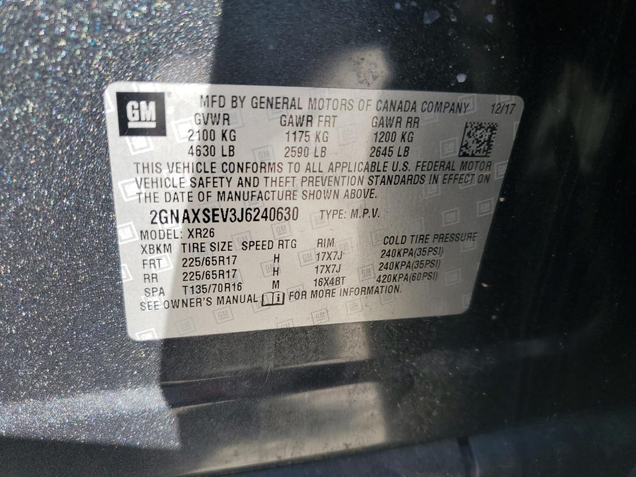 2018 Chevrolet Equinox Lt VIN: 2GNAXSEV3J6240630 Lot: 81357165