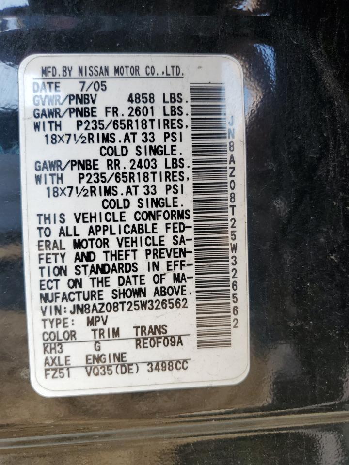 2005 Nissan Murano Sl VIN: JN8AZ08T25W326562 Lot: 84027145