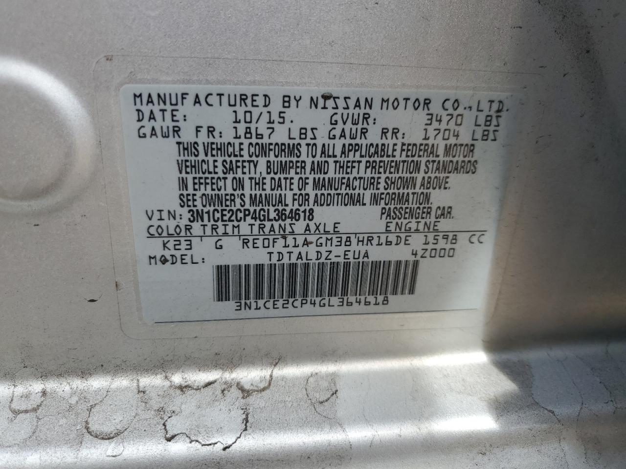 2016 Nissan Versa Note S VIN: 3N1CE2CP4GL364618 Lot: 80737565