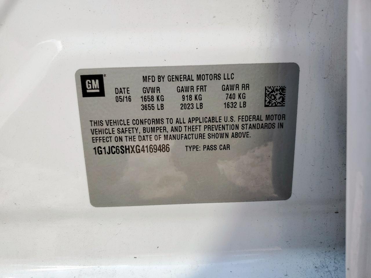 2016 Chevrolet Sonic Lt VIN: 1G1JC6SHXG4169486 Lot: 80725225