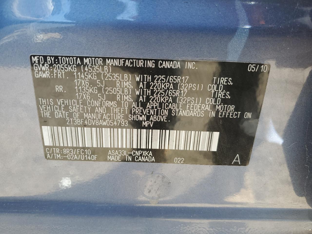 2010 Toyota Rav4 VIN: 2T3BF4DV8AW054793 Lot: 81144165