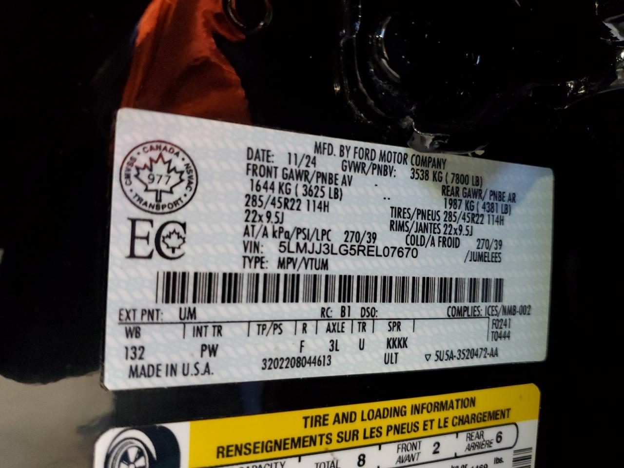 2024 Lincoln Navigator L Reserve VIN: 5LMJJ3LG5REL07670 Lot: 71160535