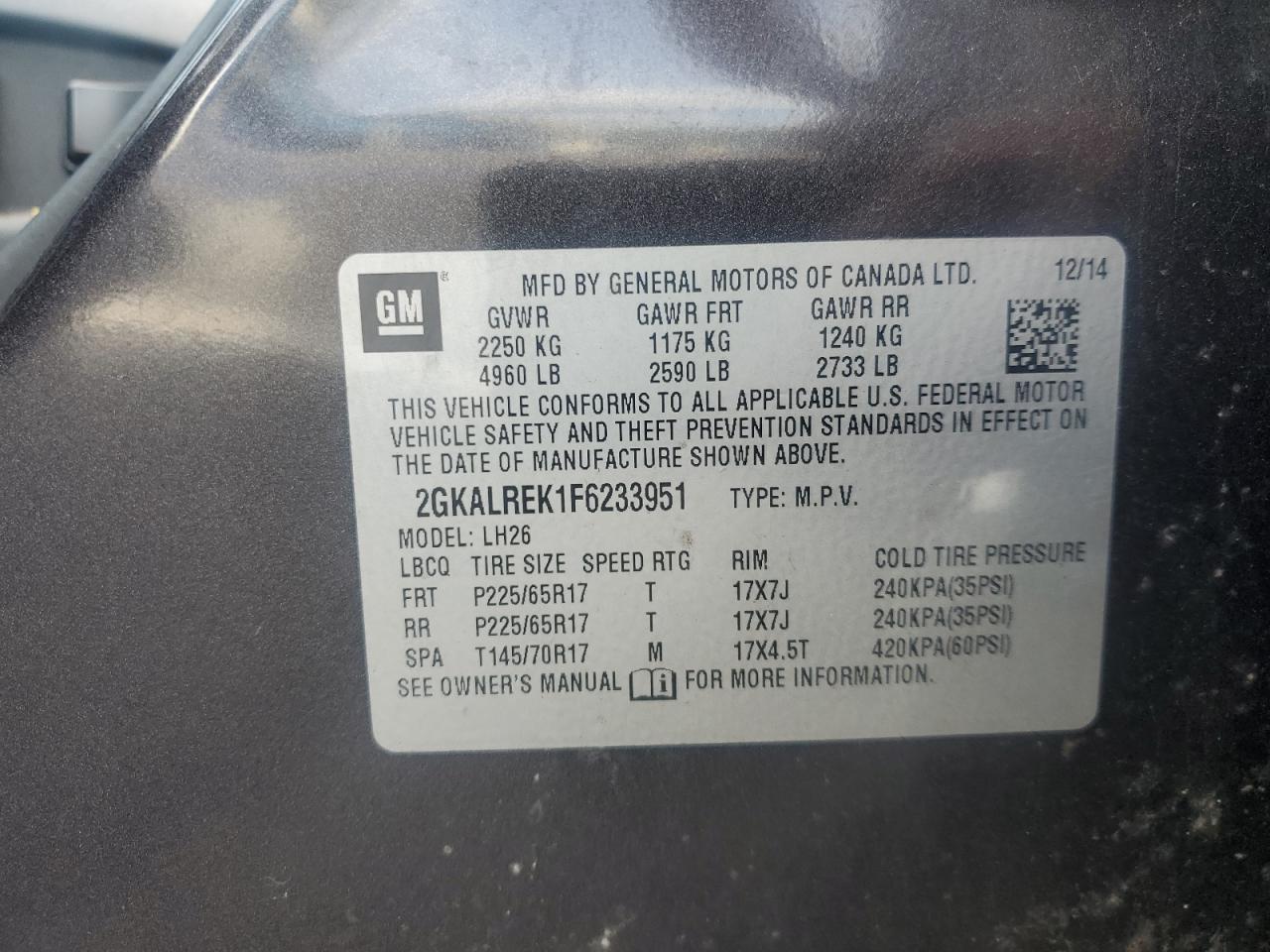 2015 GMC Terrain Sle VIN: 2GKALREK1F6233951 Lot: 80473345