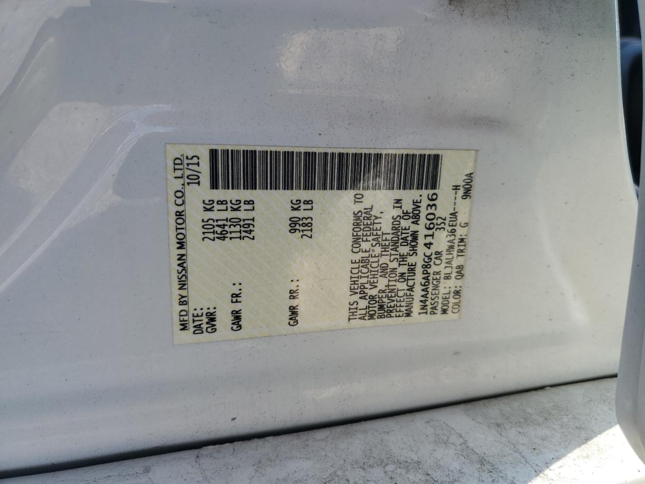 2016 Nissan Maxima 3.5S VIN: 1N4AA6AP8GC416036 Lot: 71365585