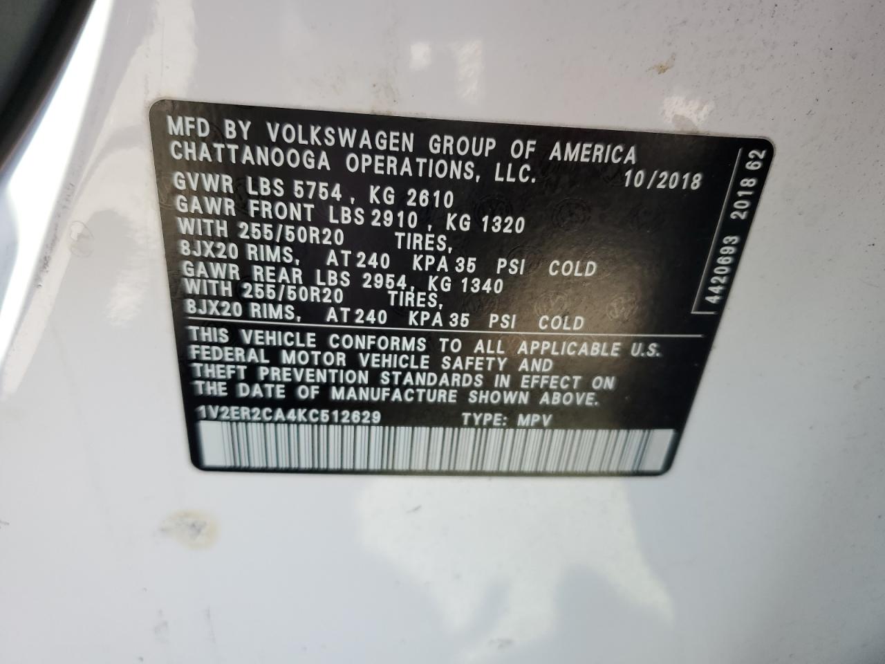 2019 Volkswagen Atlas Sel VIN: 1V2ER2CA4KC512629 Lot: 71104265