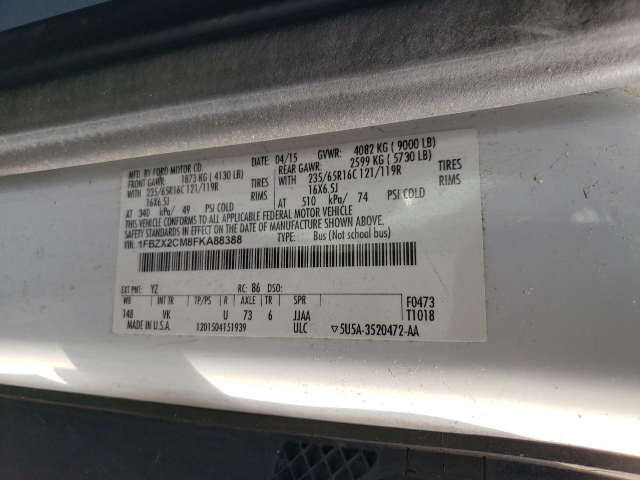 2015 Ford Transit T-350 VIN: 1FBZX2CM8FKA88388 Lot: 80490195