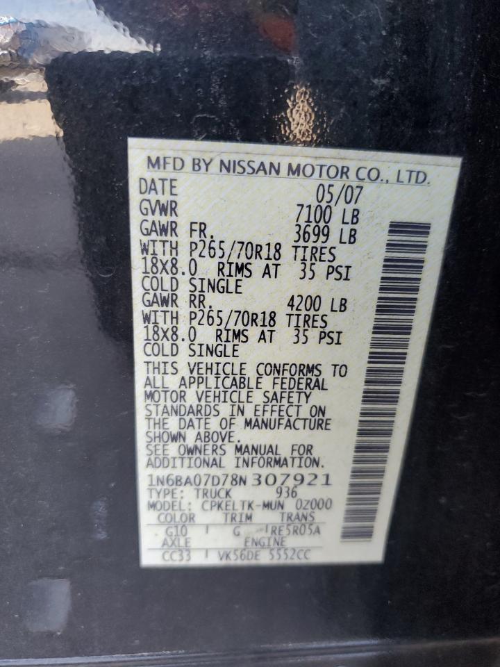 2008 Nissan Titan Xe VIN: 1N6BA07D78N307921 Lot: 81358435
