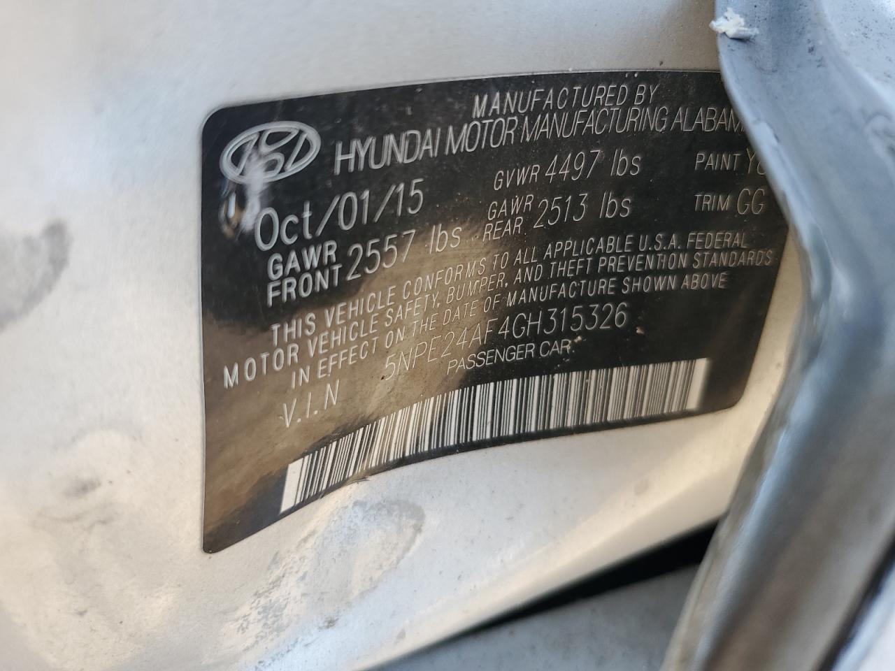 2016 Hyundai Sonata Se VIN: 5NPE24AF4GH315326 Lot: 80348095