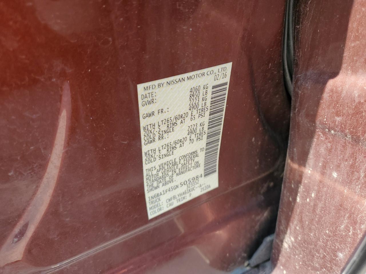 2016 Nissan Titan Xd Sl VIN: 1N6BA1F45GN505984 Lot: 81277805