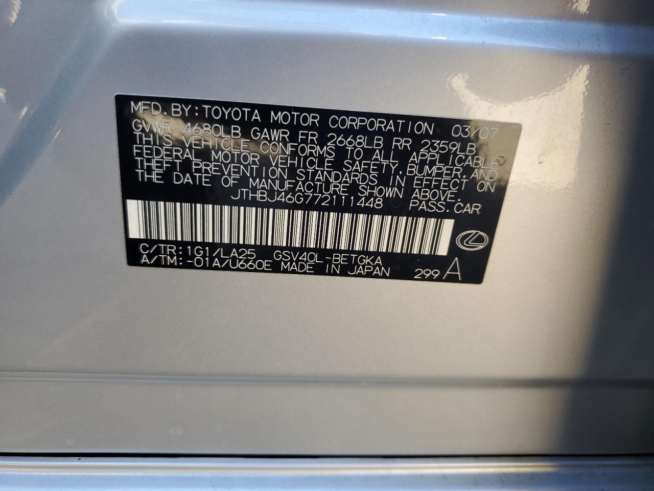 2007 Lexus Es 350 VIN: JTHBJ46G772111448 Lot: 71135095