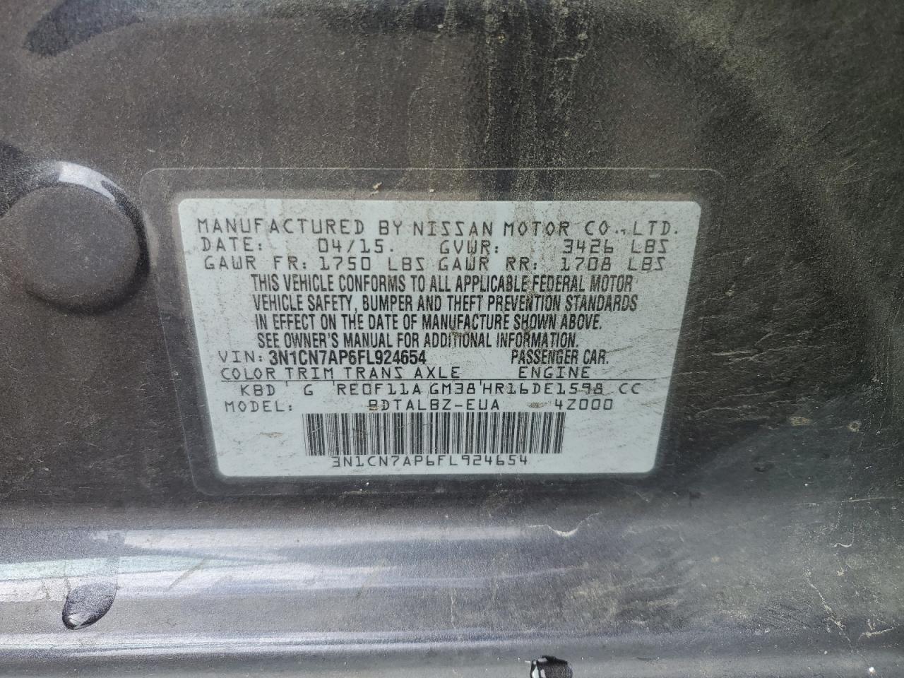 2015 Nissan Versa S VIN: 3N1CN7AP6FL924654 Lot: 83791515