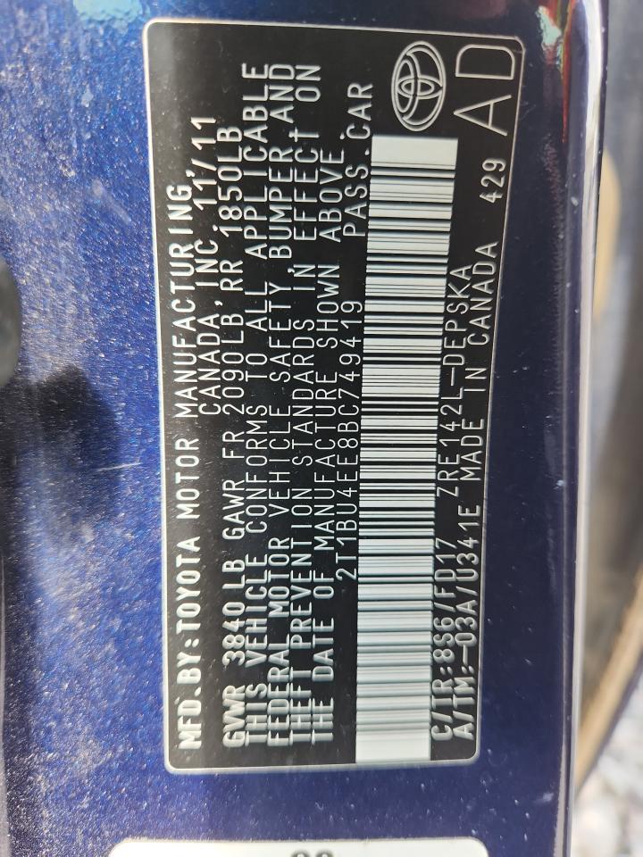 2011 Toyota Corolla Base VIN: 2T1BU4EE8BC749419 Lot: 82052895