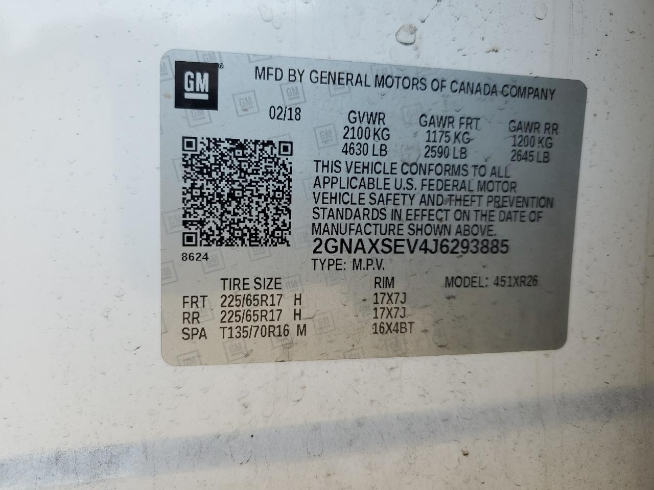 2018 Chevrolet Equinox Lt VIN: 2GNAXSEV4J6293885 Lot: 71151945