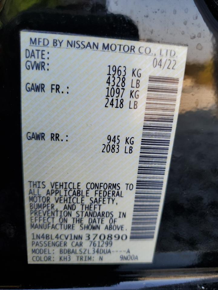 2022 Nissan Altima Sr VIN: 1N4BL4CV1NN370890 Lot: 81157805