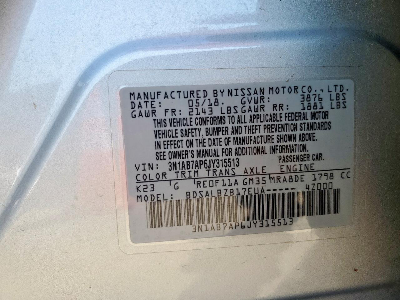 2018 Nissan Sentra S VIN: 3N1AB7AP6JY315513 Lot: 80315725