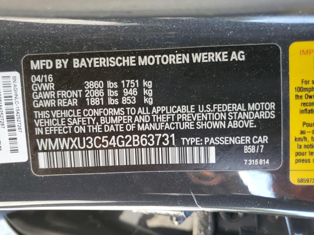 2016 Mini Cooper S VIN: WMWXU3C54G2B63731 Lot: 80715525