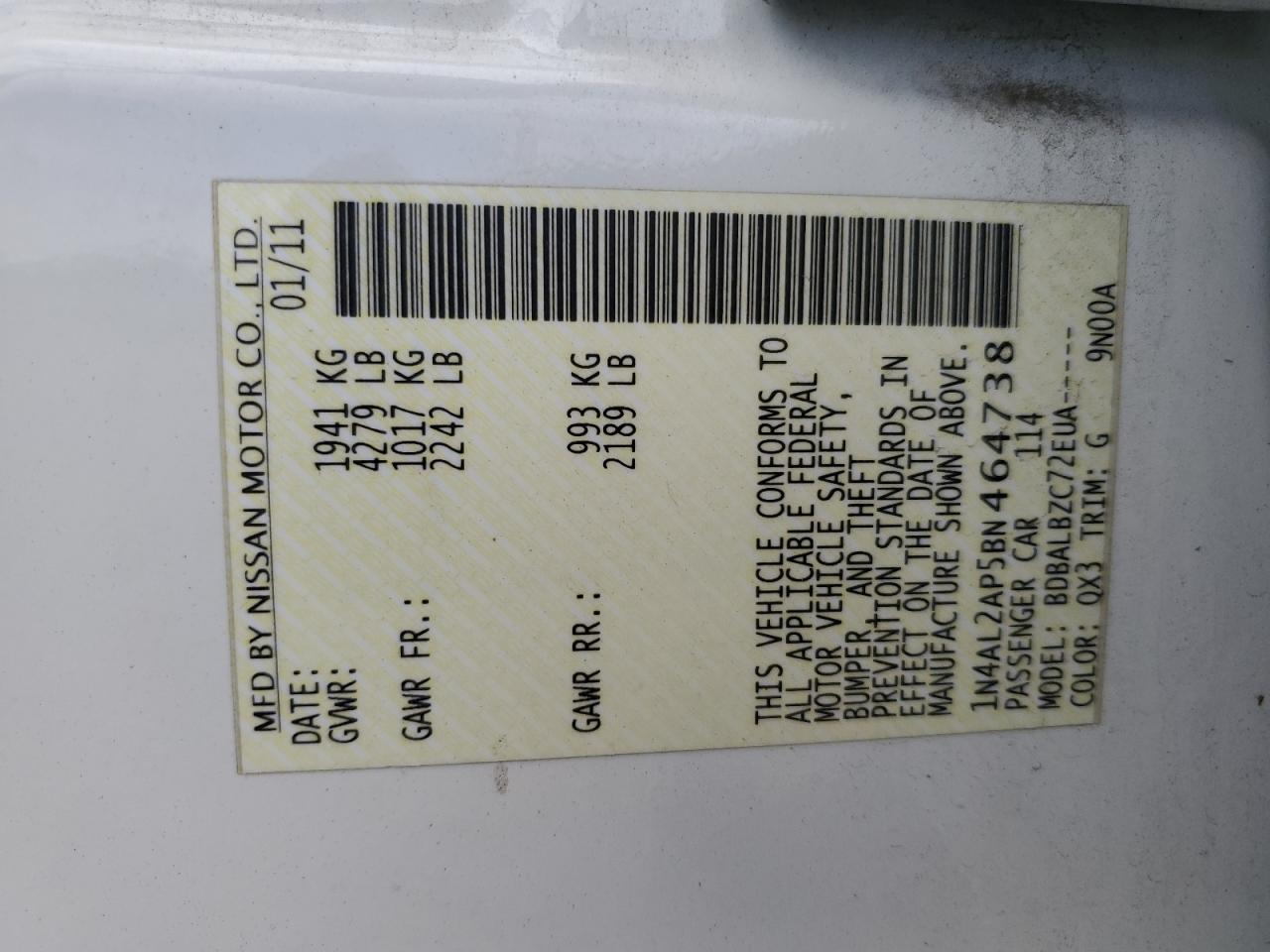 2011 Nissan Altima Base VIN: 1N4AL2AP5BN464738 Lot: 71549565