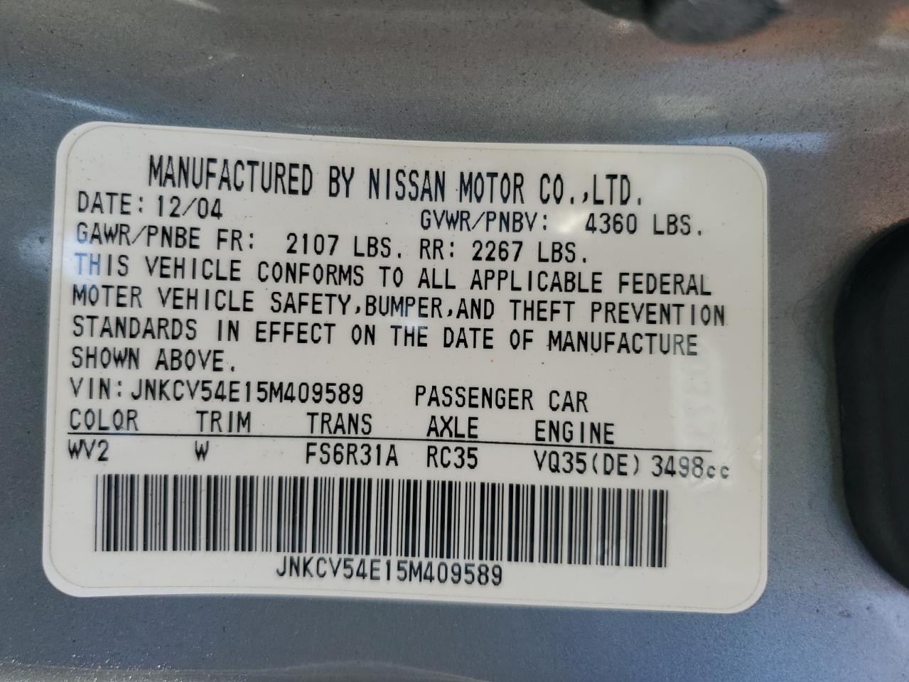 2005 Infiniti G35 VIN: JNKCV54E15M409589 Lot: 84828045