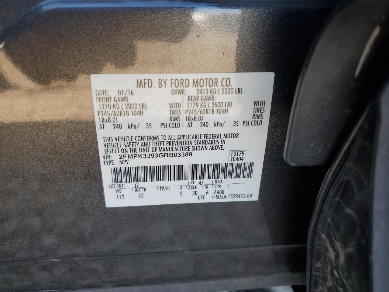 2016 Ford Edge Sel VIN: 2FMPK3J93GBB03389 Lot: 80863665