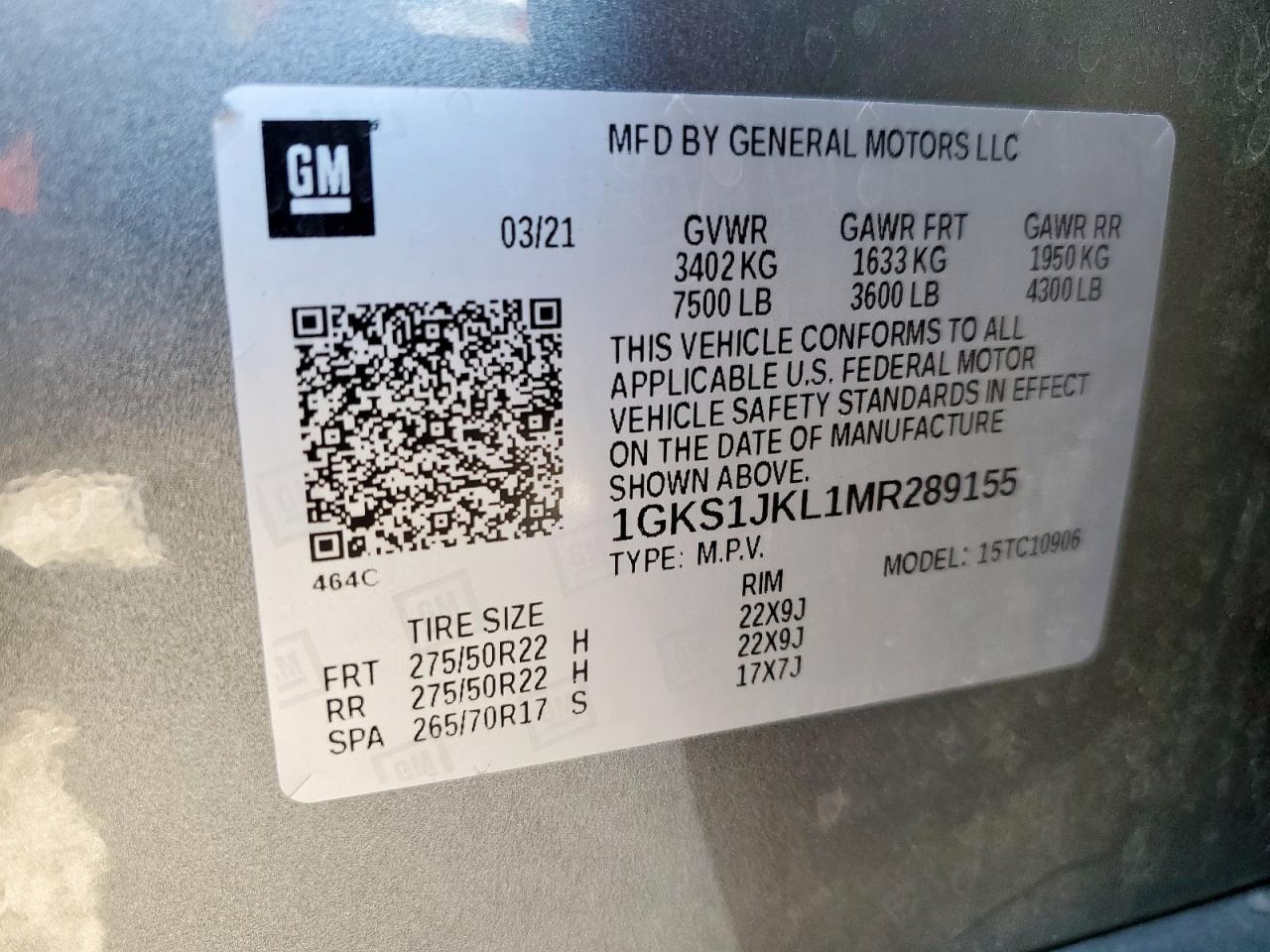 2021 GMC Yukon Xl Denali VIN: 1GKS1JKL1MR289155 Lot: 82111665