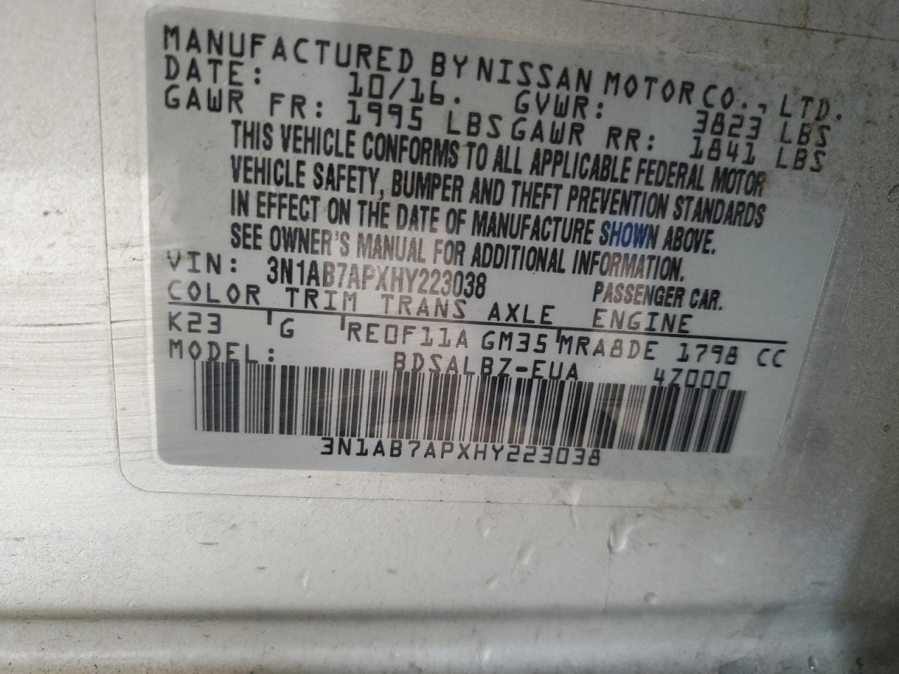 2017 Nissan Sentra S VIN: 3N1AB7APXHY223038 Lot: 84416975