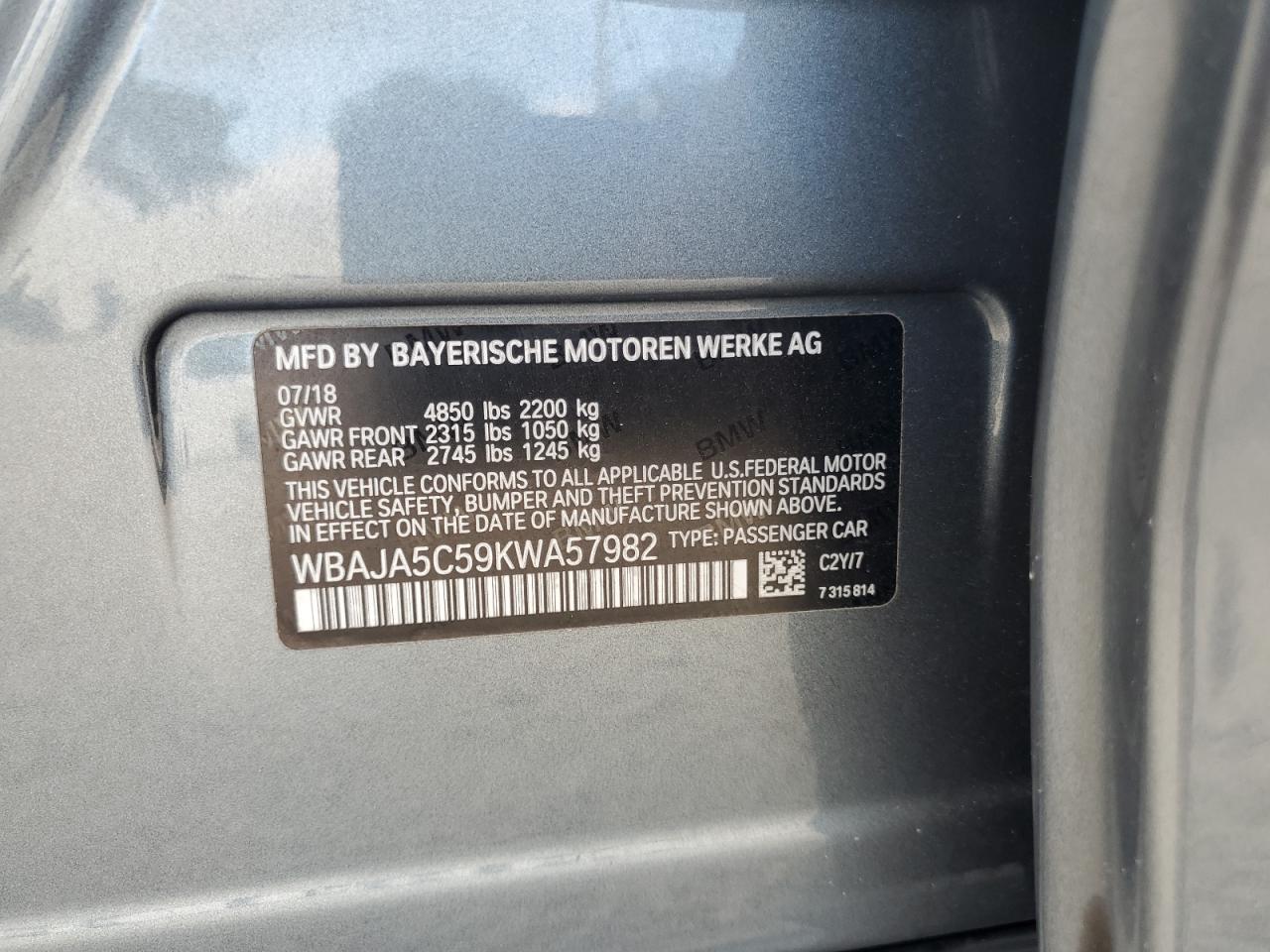 2019 BMW 530 I VIN: WBAJA5C59KWA57982 Lot: 71033865