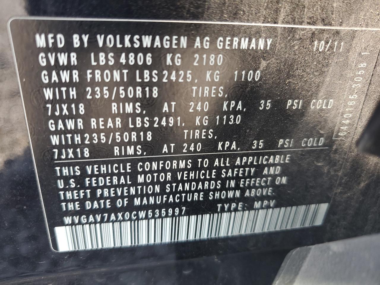 2012 Volkswagen Tiguan S VIN: WVGAV7AX0CW535997 Lot: 80311605