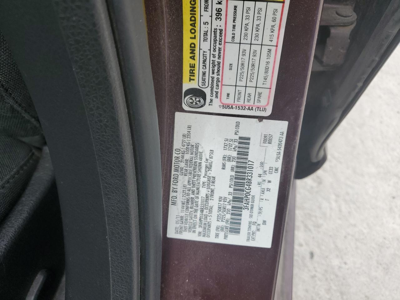 2011 Ford Fusion Sel VIN: 3FAHP0CG4BR331017 Lot: 80571145