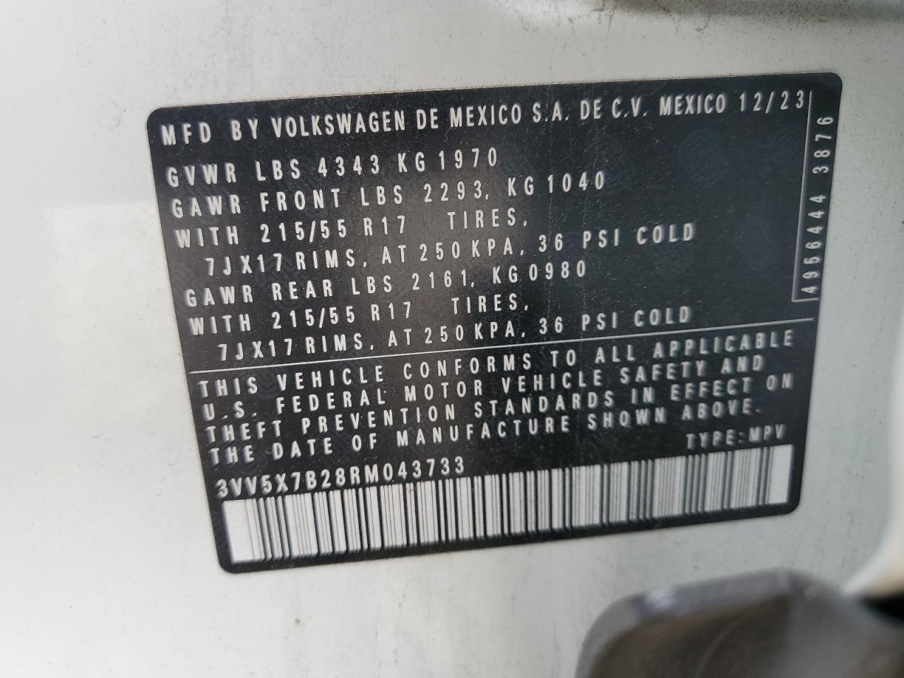 2024 Volkswagen Taos S VIN: 3VV5X7B28RM043733 Lot: 84213065