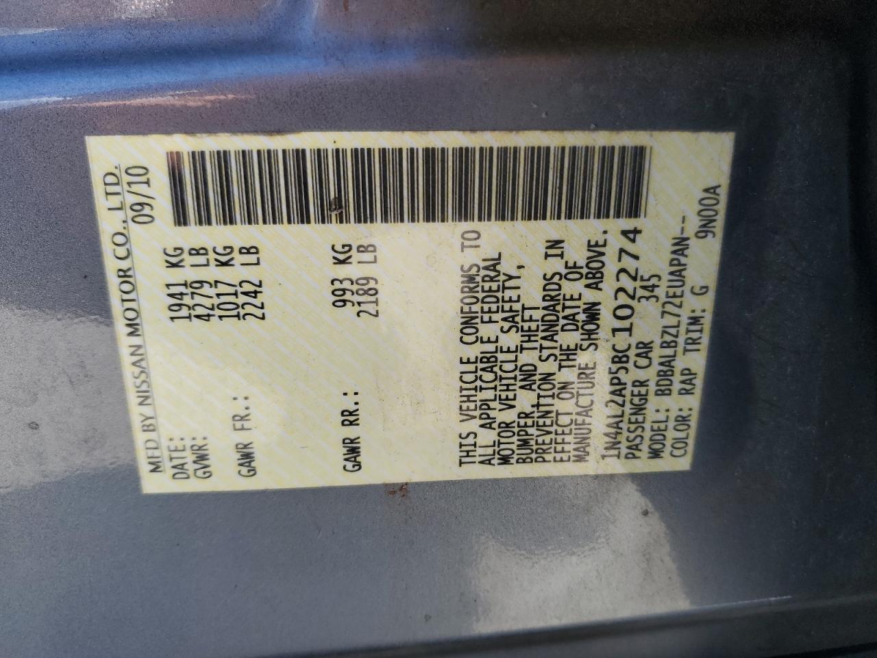 2011 Nissan Altima Base VIN: 1N4AL2AP5BC102274 Lot: 84595235