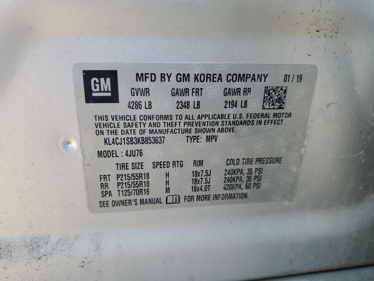 2019 Buick Encore Sport Touring VIN: KL4CJ1SB3KB853637 Lot: 80871255