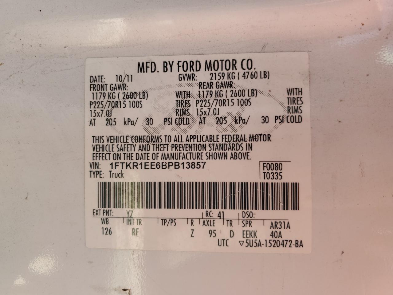 2011 Ford Ranger Super Cab VIN: 1FTKR1EE6BPB13857 Lot: 84828355