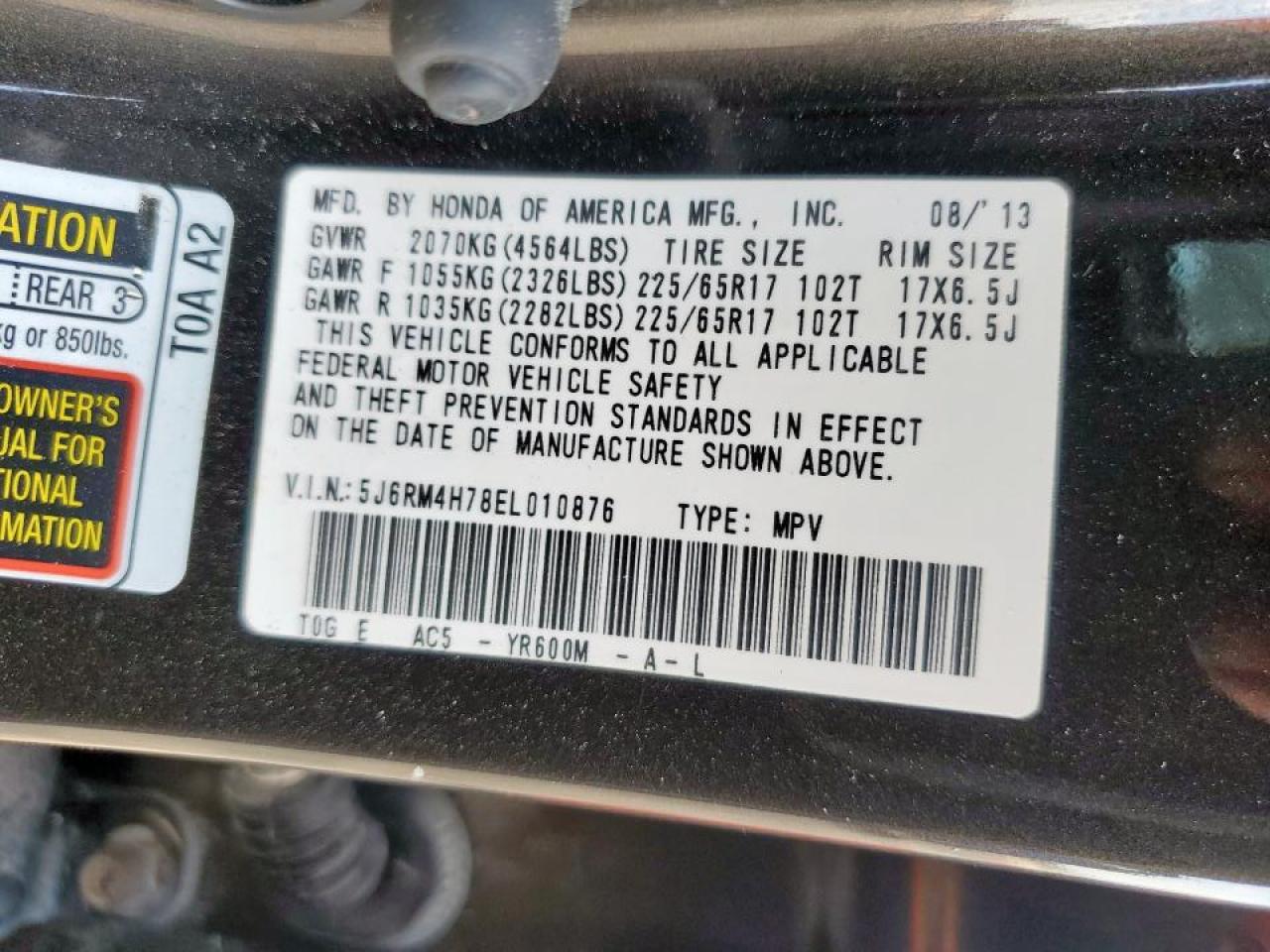 2014 Honda Cr-V Exl VIN: 5J6RM4H78EL010876 Lot: 80714165