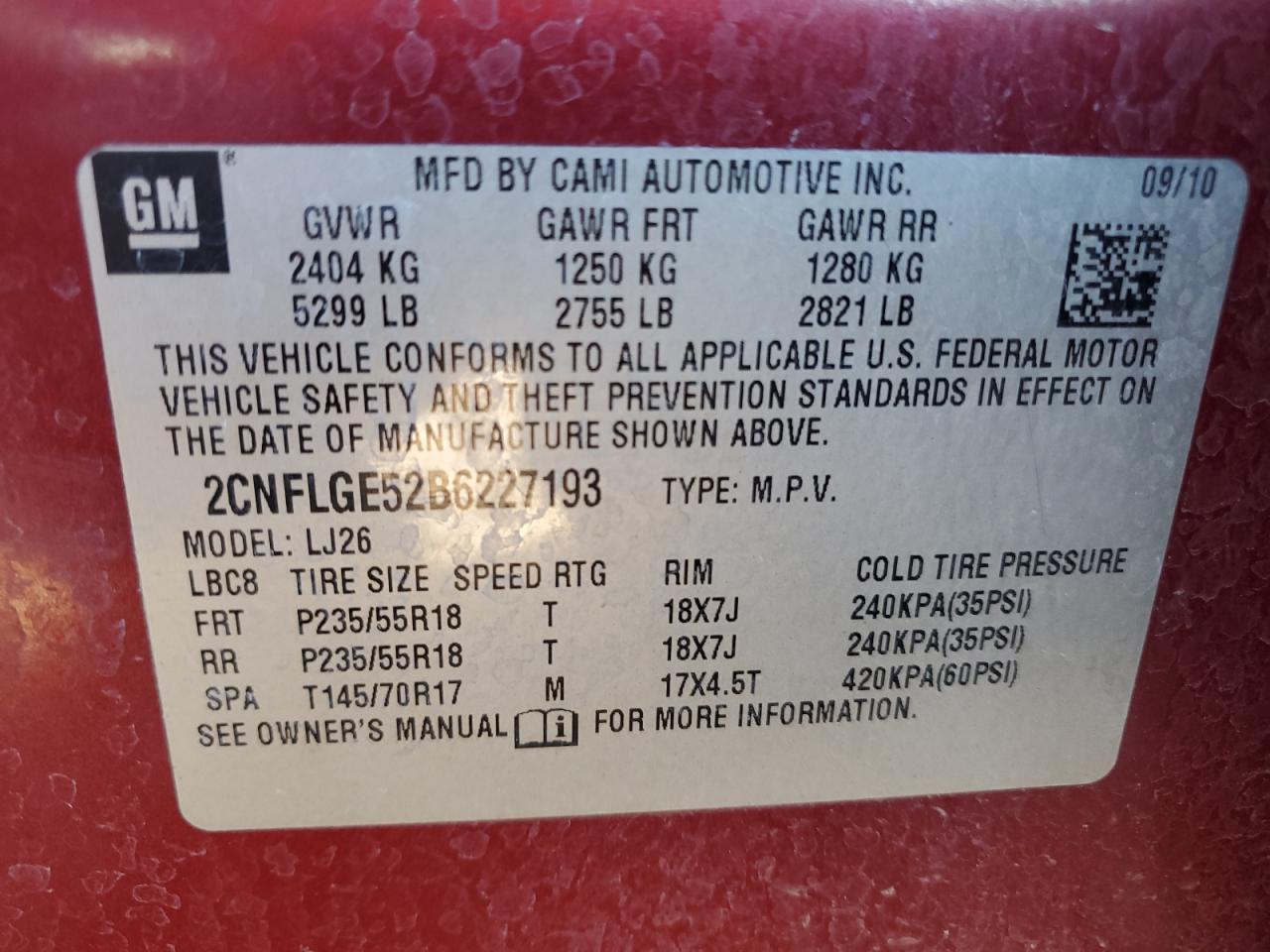 2011 Chevrolet Equinox Ltz VIN: 2CNFLGE52B6227193 Lot: 83888085