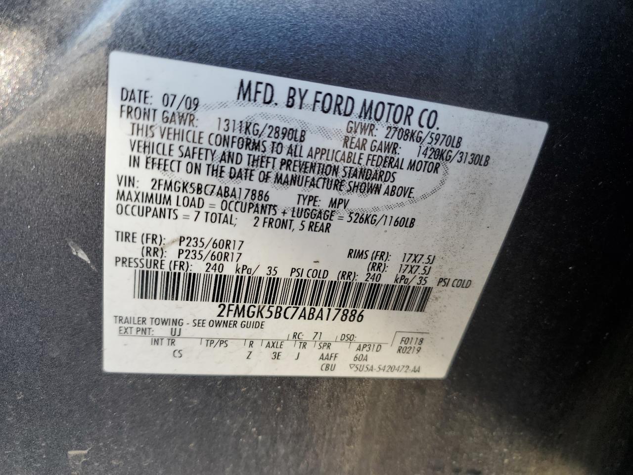 2010 Ford Flex Se VIN: 2FMGK5BC7ABA17886 Lot: 80320685