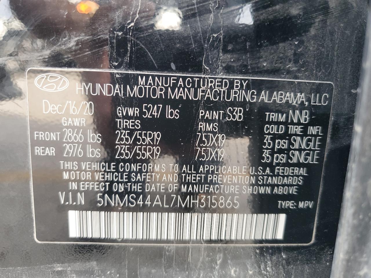 2021 Hyundai Santa Fe Limited VIN: 5NMS44AL7MH315865 Lot: 80151605
