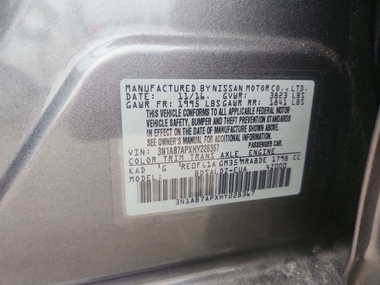 2017 Nissan Sentra S VIN: 3N1AB7APXHY228367 Lot: 81897215