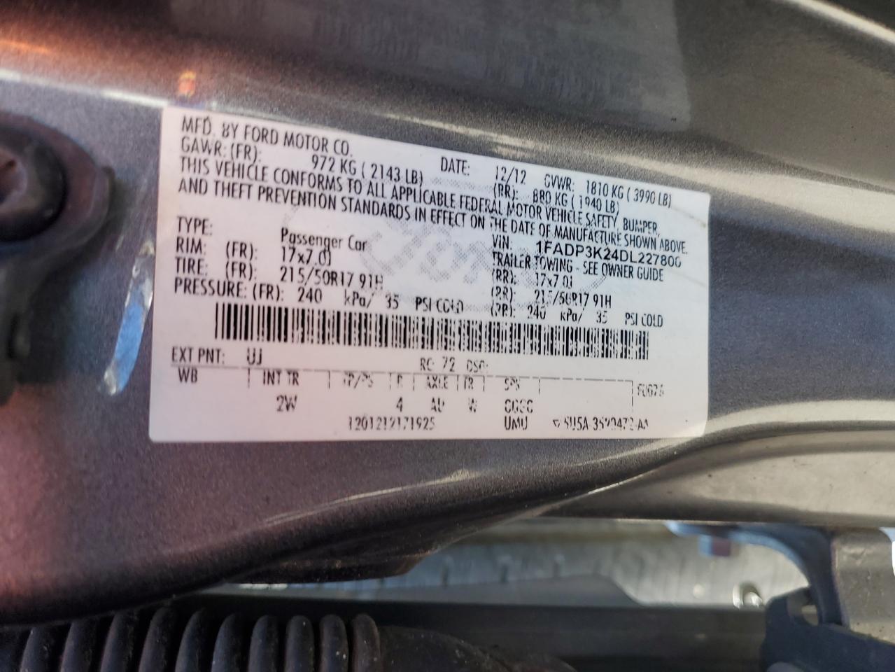 2013 Ford Focus Se VIN: 1FADP3K24DL227800 Lot: 72025635