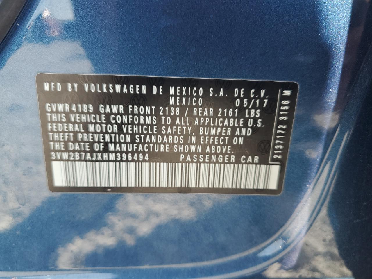 2017 Volkswagen Jetta S VIN: 3VW2B7AJXHM396494 Lot: 71970745