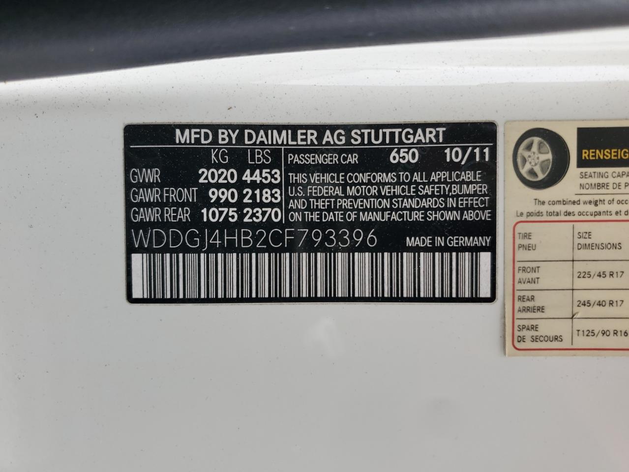 2012 Mercedes-Benz C 250 VIN: WDDGJ4HB2CF793396 Lot: 81159835